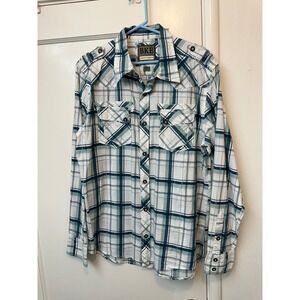 BKE Mens Large Athletic Fit Stretch Plaid Button Down Western Shirt Teal White